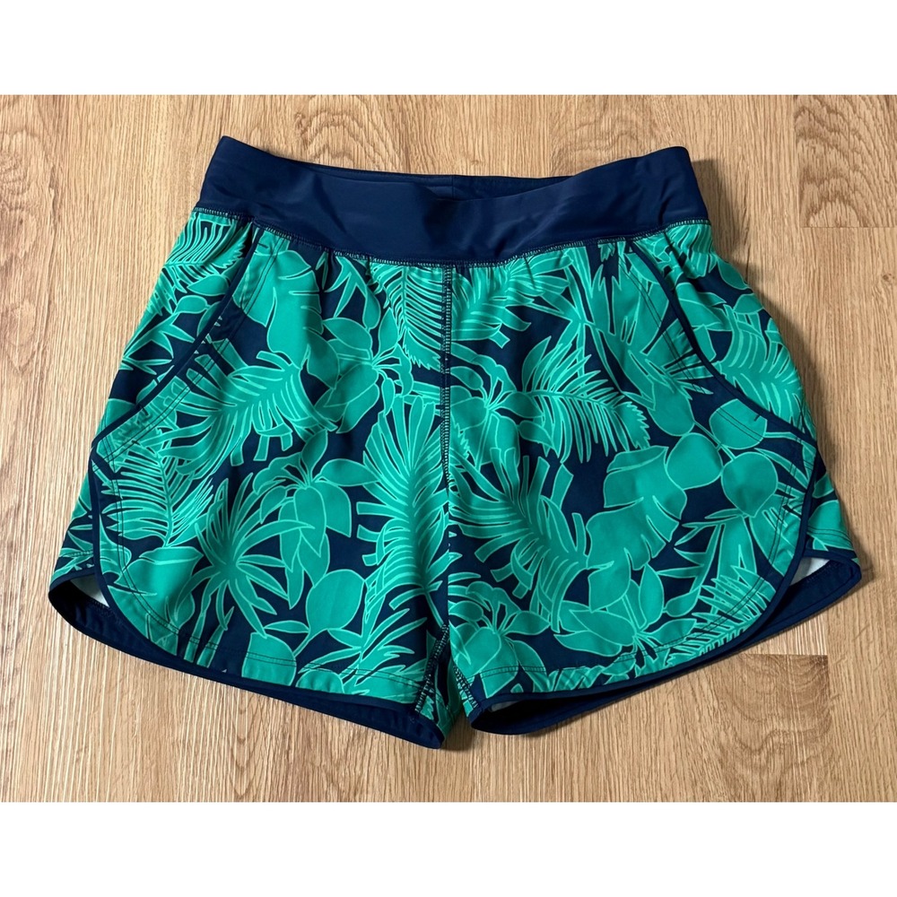 Lands End Womens Tropical Palm Print‎ Board Swim Shorts Size 4 Navy Teal Liner